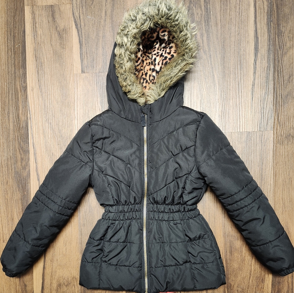 Girls Sz M (10/12) Weathertamer Black Puffer Coat w Faux Fur Hood Worn 2x